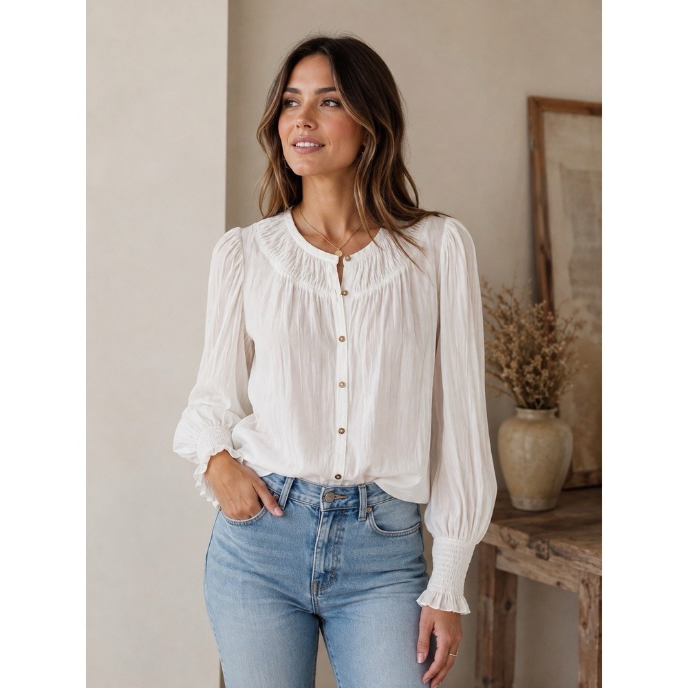Ramy Brook Isla Puff Sleeve Blouse White Women's Medium Classic Romantic
